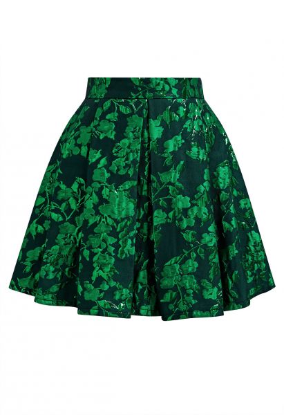 Mini-jupe plissée en jacquard floral vert