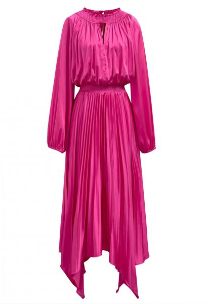Robe asymétrique plissée à détails froncés et découpes en rose vif