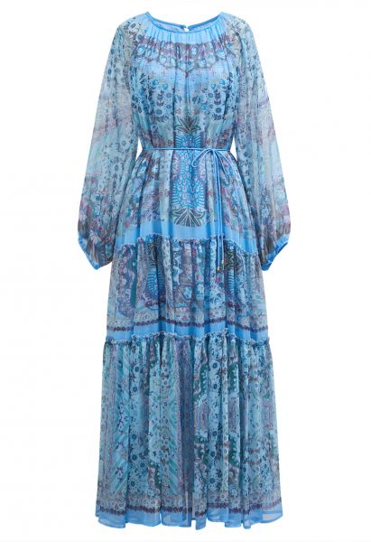 Mystic Garden - Robe longue à volants et manches bouffantes en bleu