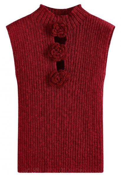Haut en tricot sans manches à fleurs au crochet 3D en rouge