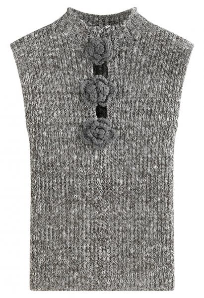 Haut en tricot sans manches à fleurs au crochet 3D en gris