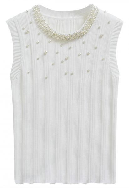 Haut en tricot sans manches bordé de perles en blanc