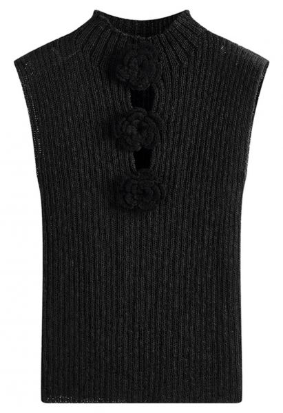 Haut en tricot sans manches à fleurs au crochet 3D en noir