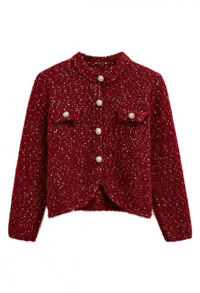 Fuzzy Mix-Knit Button Down Cardigan in Red