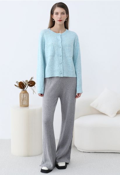 Pantalon en tricot côtelé à ourlet boutonné en gris