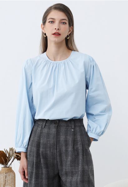 Chemise décontractée en coton à manches bouffantes en bleu ciel