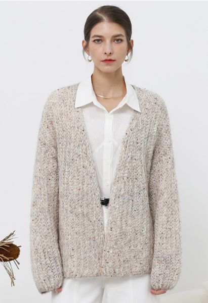 Cardigan en tricot confortable ouvert sur le devant à paillettes colorées en flocons d'avoine