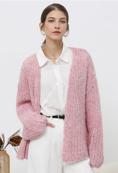 Cardigan en tricot confortable ouvert sur le devant à paillettes colorées en rose