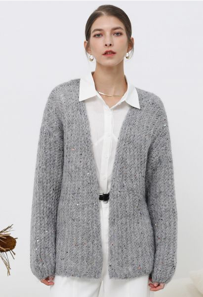 Cardigan en tricot confortable ouvert sur le devant à paillettes colorées en gris