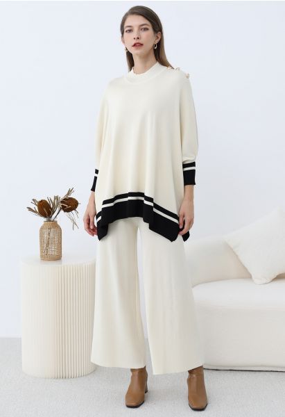 Ensemble poncho et pantalon en tricot à détails contrastés couleur crème