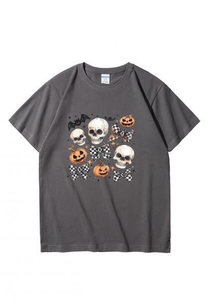 T-shirt à motif tête de mort et nœuds à carreaux