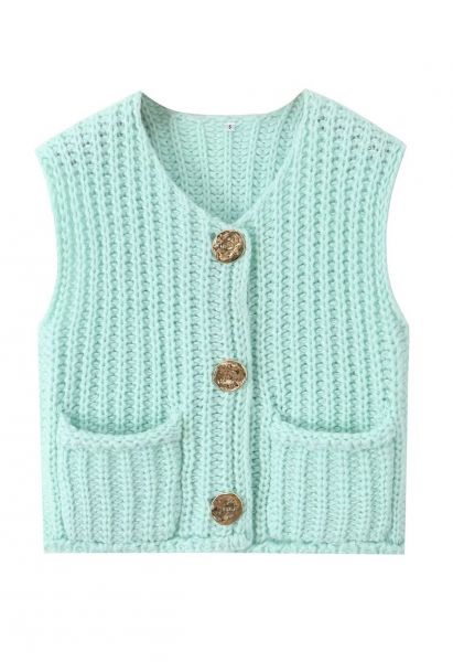 Gilet en tricot épais avec poches plaquées et boutons dorés audacieux en menthe