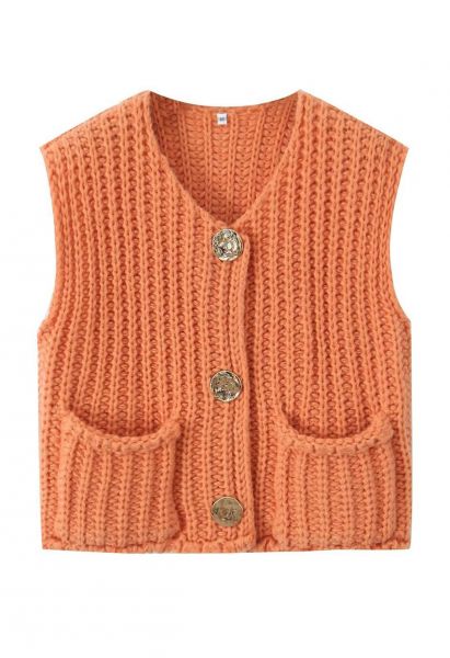 Gilet en tricot épais avec poches plaquées et boutons dorés audacieux en orange