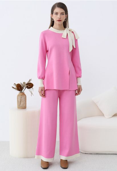 Ensemble pull et pantalon en tricot à nœud papillon et bordure contrastante en rose bonbon