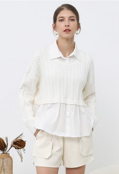 Chemise à col en tricot faux deux pièces en blanc