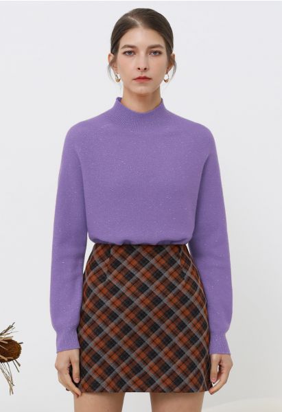 Pull col montant en laine avec fil métallique intégral en violet