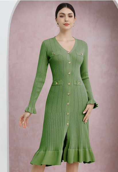 Robe en maille ajourée boutonnée à col en V et volants élégante en vert