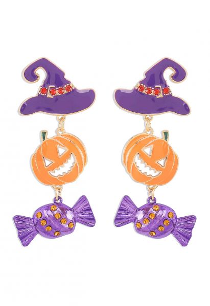 Boucles d'oreilles en forme de chapeau de sorcière et de citrouille en violet