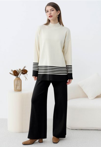 Ensemble pull et pantalon en tricot à rayures bicolores et col montant en noir