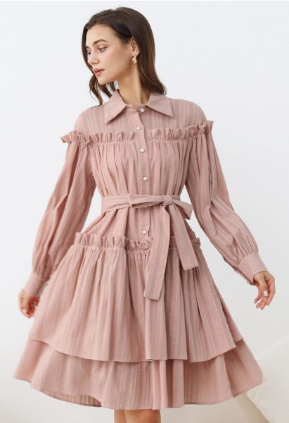 Robe Dolly à volants, à volants et à volants, avec ceinture et boutons, en rose