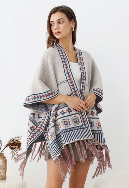 Poncho en tricot à franges Boho Wanderer en ivoire