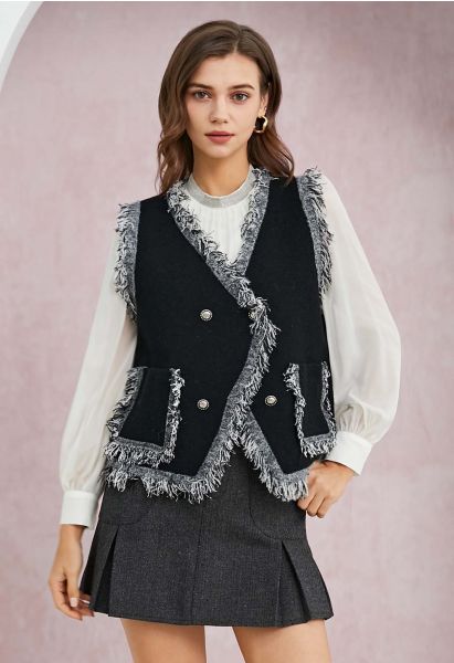 Gilet en tricot à double boutonnage avec bordure à franges en noir