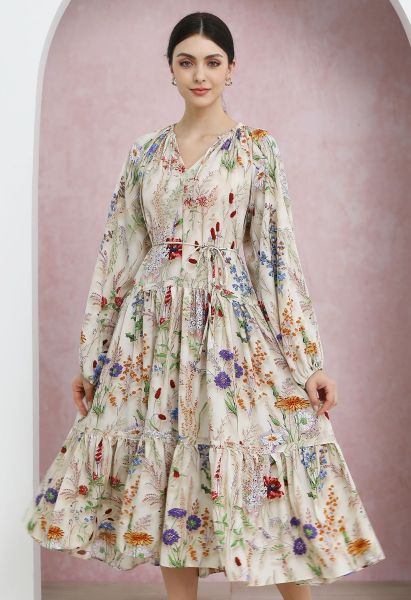 Robe mi-longue en mousseline de soie à manches bouffantes et cordons de serrage Wildflower Dream