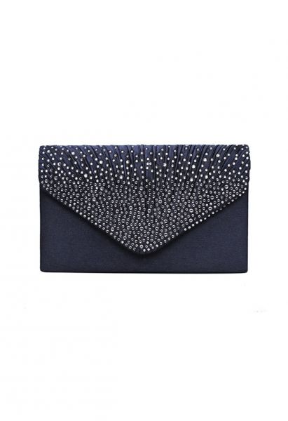 Sac enveloppe en satin orné de strass bleu marine