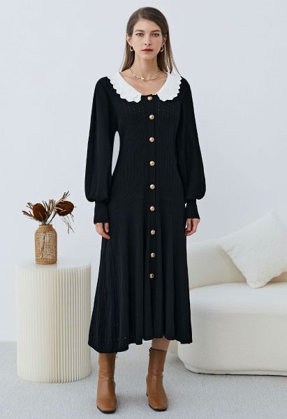 Robe mi-longue boutonnée à col festonné et manches lanternes