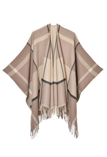 Poncho à ourlet frangé à motif géométrique en beige