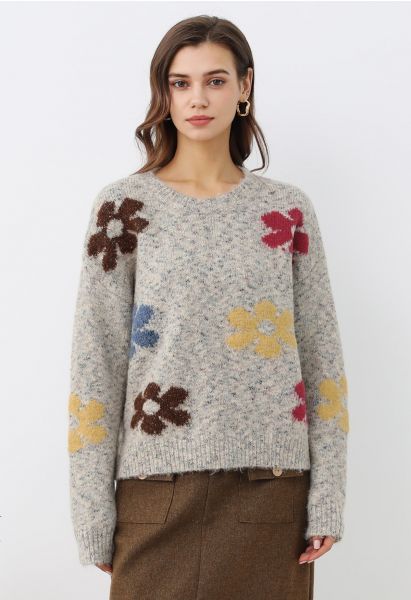 Pull en tricot pelucheux à motif floral multicolore en flocons d'avoine