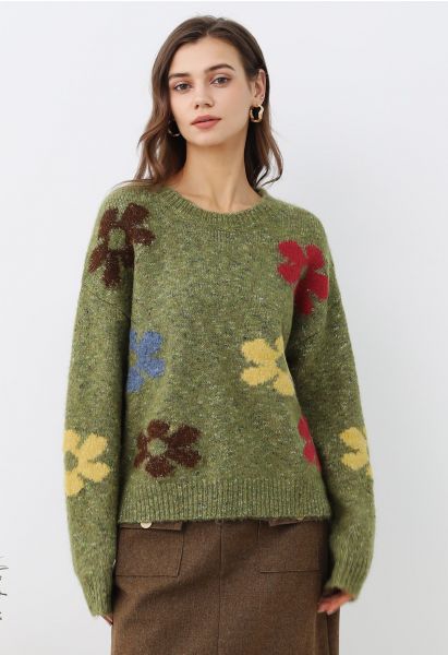 Pull en tricot pelucheux à motifs floraux multicolores en vert mousse