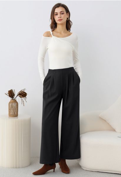 Pantalon Palazzo plissé boutonné sans effort en noir