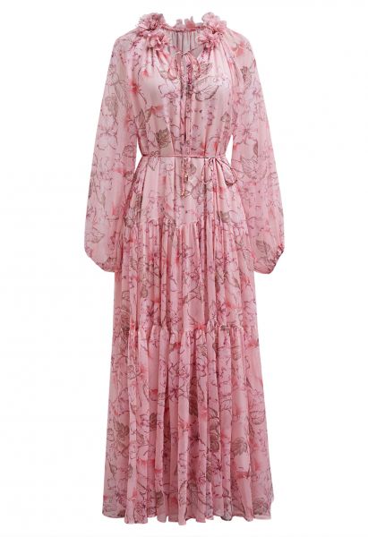 Robe mi-longue en mousseline de soie à nouer et à fleurs en rose