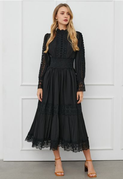 Robe longue en dentelle ajourée de style victorien en noir