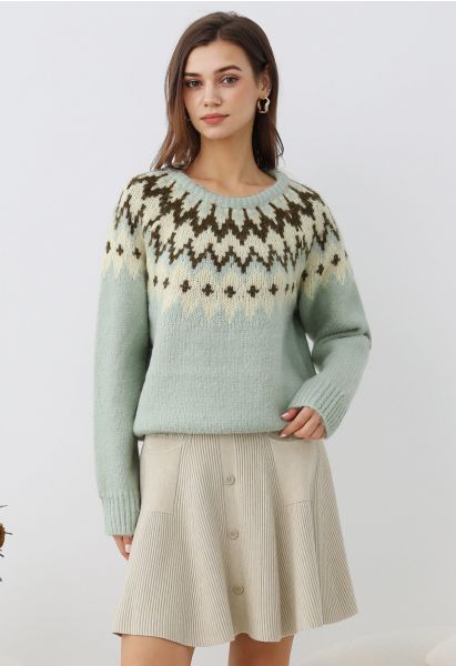 Pull côtelé Fair Isle Winter Whimsy en menthe