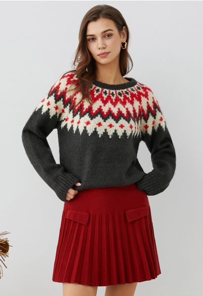 Pull côtelé Fair Isle Winter Whimsy en fumée