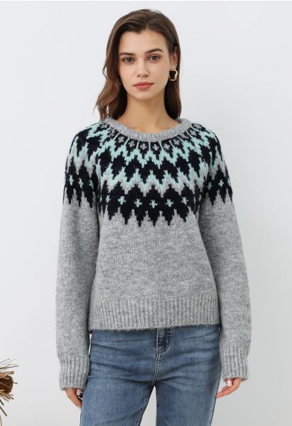 Pull côtelé Fair Isle Winter Whimsy en gris