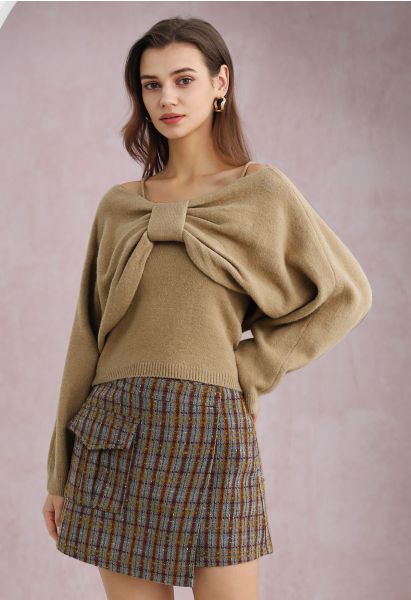 Ensemble haut camisole et pull à nœud papillon fascinant en camel