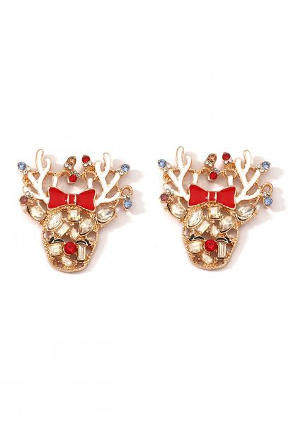 Boucles d'oreilles Golden Deer en strass avec nœud rouge et déversement de pétrole