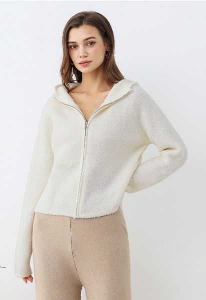 Cardigan zippé à capuche en tricot Winter Essentials en ivoire