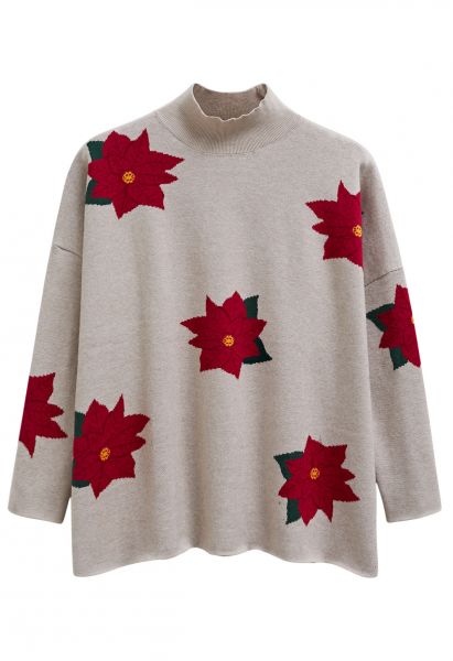 Pull en tricot oversize à col montant et motif poinsettia de Noël