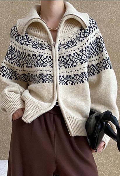 Cardigan en tricot jacquard Fair Isle à double fermeture éclair en crème