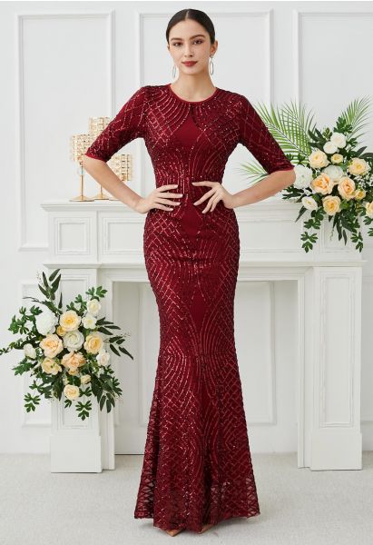 Robe sirène à sequins géométriques opulente en rouge