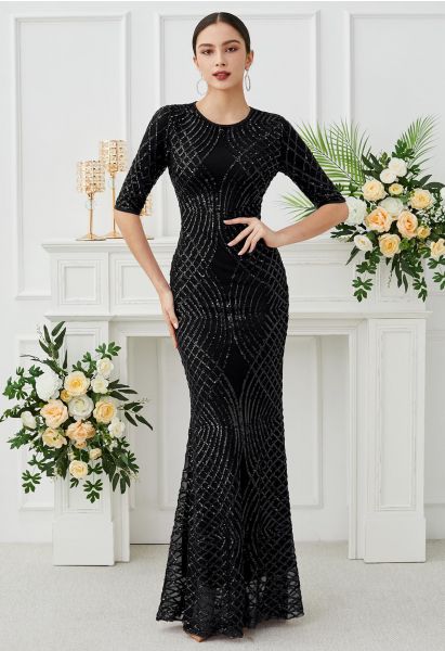 Robe sirène opulente à sequins géométriques en noir