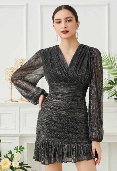 Robe de cocktail élégante en maille froncée scintillante en noir