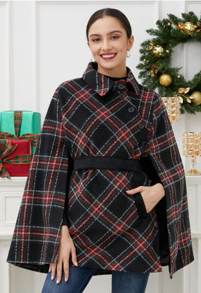 Manteau cape en tartan avec ceinture et boutons en noir