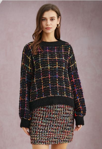 Pull en maille quadrillée aux accents de couleur en noir