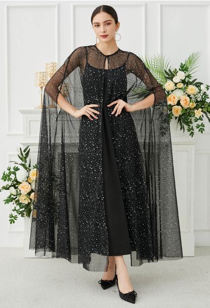 Robe longue cape en maille pailletée noire