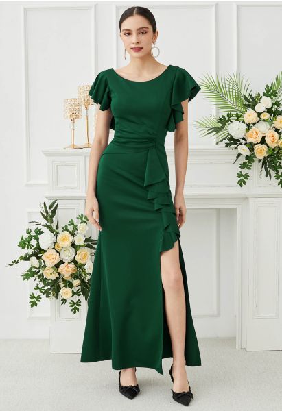 Robe élégante fendue sur le devant à volants en cascade en vert foncé